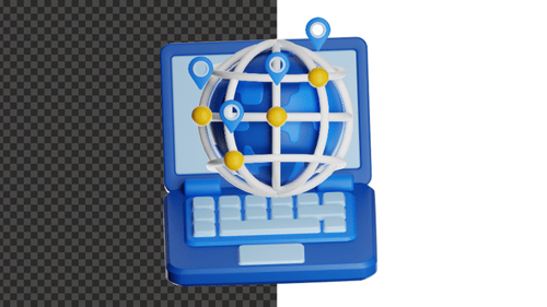 3D Animated Laptop Icon with Global Network and Location Pins