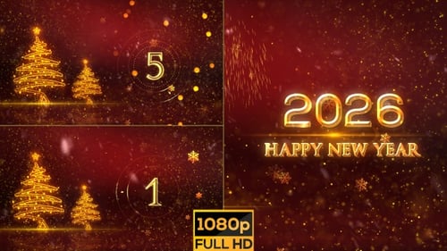 Happy New Year Countdown with Golden Christmas Trees and Fireworks