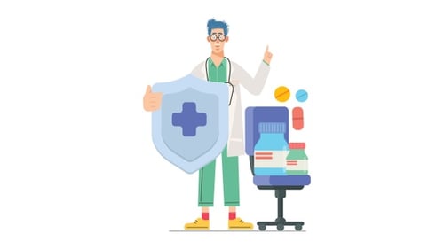 Animated Doctor with Medical Shield and Supplies Flat Design