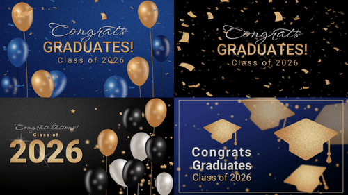 Animated Graduation Title Card with Gold Confetti and Balloons