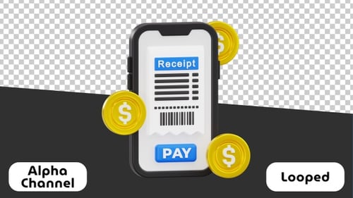 3D Mobile Payment Animation - Digital Receipt and Coins | Alpha Channel