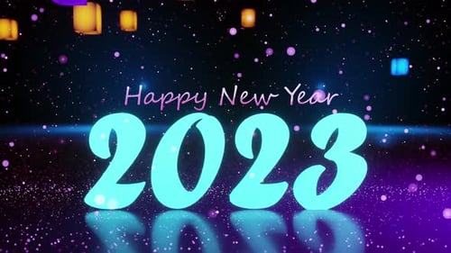 Happy New Year 2023 Celebration Title with Glowing Particles and Cubes