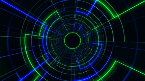 Neon background of green and blue glowing laser lines forming a tunnel in the space.