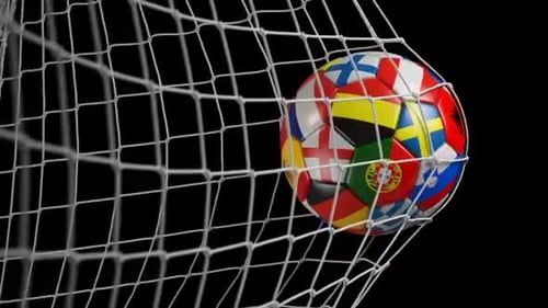 International Football with Flags Scoring Goal in Net