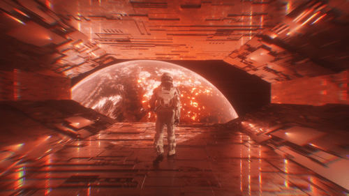 Astronaut Walking In Sci Fi Neon Glowing Tunnel With View On Apocalyptic Burning Planet Earth