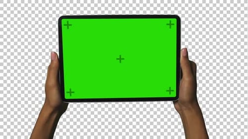 Holding Tablet in Female Black Hands Landscape Alpha Overlay
