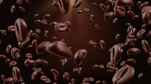 4K Loop Coffee beans flying in the air on on green screen background.