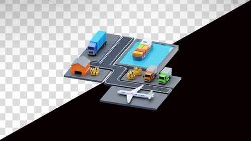 Logistics transport network with land sea air cargo 3d animation