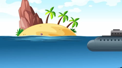 Cartoon Submarine Sailing Past a Tropical Island Animation