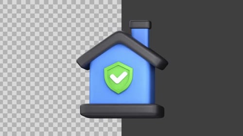 3D Animated House Icon with Green Security Shield Checkmark