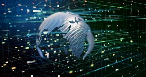 Digital Hexagonal Earth Globe with Flowing Data Lines Background