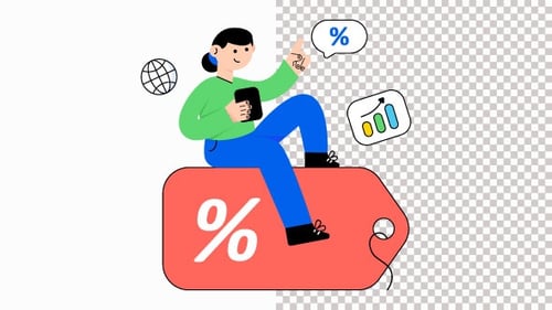 Animated Flat Design Illustration: Person With Discount Tag And Growth