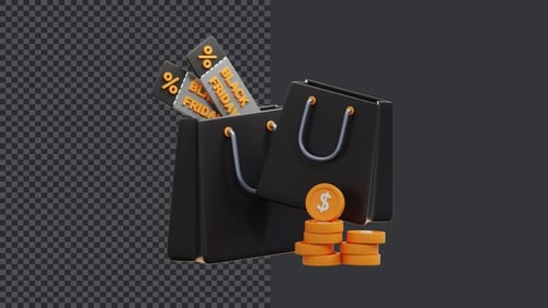 3D Animated Black Friday Shopping Bags and Coins