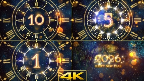 Happy New Year Celebration Countdown with Golden Clock and Fireworks
