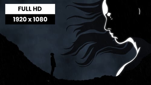 Animated Silhouette of Man Looking Up at Woman in Rain