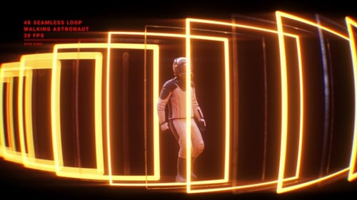 Astronaut Walking Through Futuristic Neon Portal Tunnel