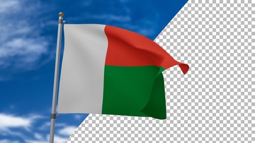 Realistic Madagascar Flag Waving on Flagpole against Blue Sky