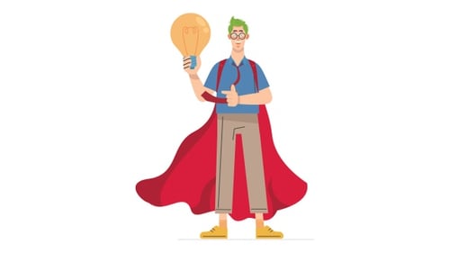 Animated Character with Lightbulb Idea and Red Cape