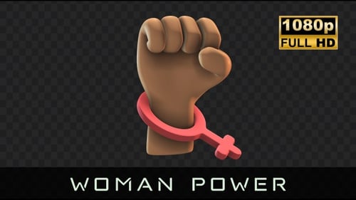 Animated 3D Raised Fist with Female Symbol on Black Screen
