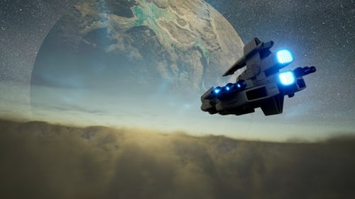 Spaceship Flying over Clouds with Planet in Starry Sky