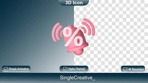 Animated 3D Pink Bell Icon with Percentage Sign