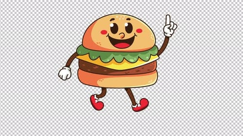 Animated Cartoon Burger Character Walking and Pointing Up