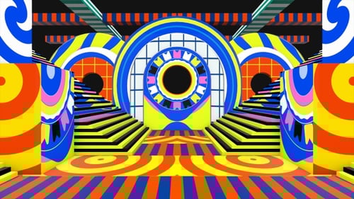 Pop-farbenes Treppendekoratives Bühnendesign, lebendiges, sich wiederholendes Muster, Music Circus Seameless Loop 1