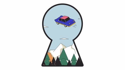 Voiture rétro en lévitation en forme de trou de serrure, animation 2D