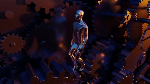 Humanoid Figure Walking on Interlocking Metallic Gears