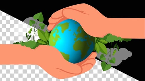 Animated Flat Design Hands Protecting Earth with Growing Nature