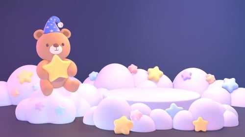 Animated Cartoon Bear and Starry Cloud Product Podium