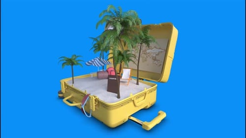 Opening Suitcase Reveals Tropical Beach Holiday Scene