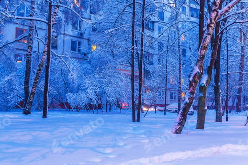 Preview: Night View Of The Winter City With An Apartment House And Cars