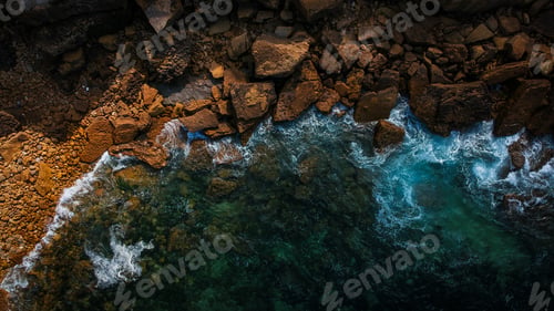 Preview: Aerial View Of Waves, Rocks And Transparent Sea. Summer Seascape. Top View From Drone. Rocky