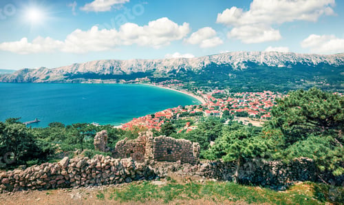Preview: Aerial Morning View Of Bashka Town. Sunny Summer Seascape Of Adriatic Sea, Krk Island, Kvarner Bay