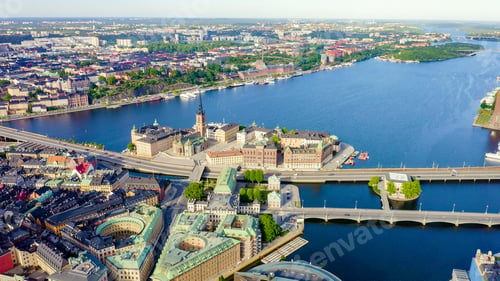 Preview: Stockholm, Sweden. Old Town - Gamla Stan. Riddarholmen. Helgeandsholmen. Aerial View, From Drone