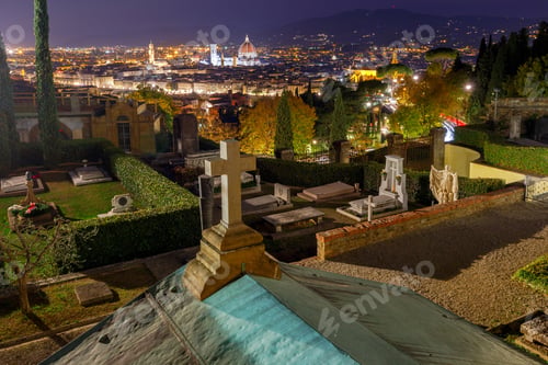 Preview: Florence Duomo Santa Maria Del Fiore And Cemetery At Sunset With Illumination.