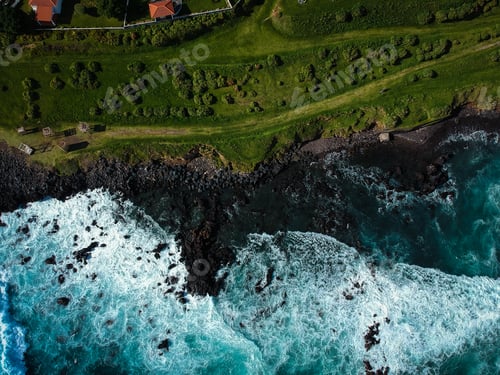 Preview: Aerial Top View Of Sea Waves Hitting A Beach With Black Volcanic Sand With Turquoise Sea Water