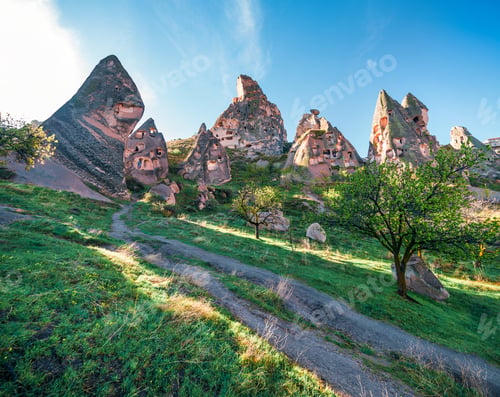 Preview: Unreal World Of Cappadocia. Deep Blue Sky Over Uchisar Castle. Bright Morning Scene Of Famous
