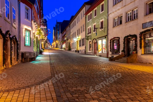 Preview: Old Traditional Medieval Street In Night Illumination. Rothenburg Ob Der Tauber. Bavaria Germany.