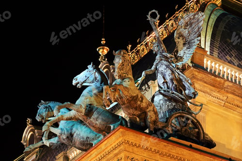Preview: Detail Of The Night Prague National Theater Above The River Vltava, Czech Republic