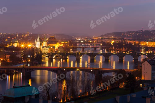 Preview: Night Prague City With Its Cathedrals, Towers And Bridges In The Christmas Time, Czech Republic