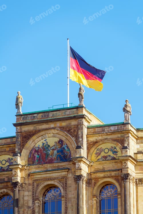 Preview: Waving German Flag Above The Maximilianeum Palace (1874), Seat Of Bavarian Landtag, Munich, Germany