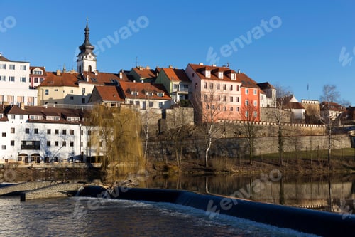 Preview: Sunny Winter Royal Medieval Town Pisek With The Castle Above The River Otava, Czech Republic