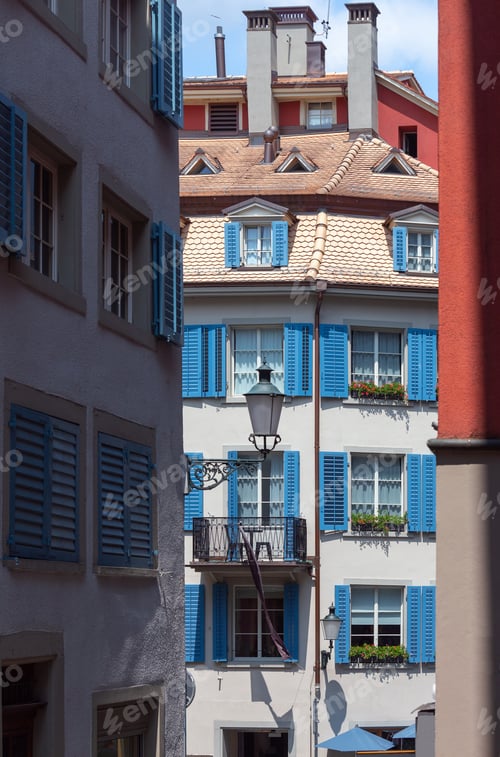 Preview: View Of The Old Narrow Medieval City Street With Lanterns. Zurich. Switzerland.
