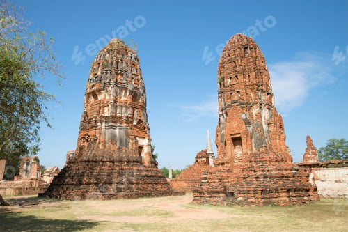 Preview: Two Ancient Prangs Of The Buddhist Temple Of Wat Mahathat On A Sunny Day. Ayutthaya, Thailand