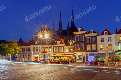 Preview: The Central Market Square In The City Delft On Sunset. Netherlands.