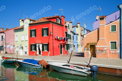 Preview: Red House On The Embankment Of The City Channel. Sunny Day On The Burano Island, Venice