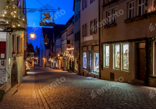 Preview: Old Traditional Medieval Street In Night Illumination. Rothenburg Ob Der Tauber. Bavaria Germany.