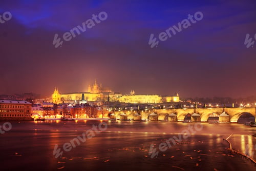 Preview: Freezy Foggy Night Snowy Prague With Gothic Castle And Charles Bridge